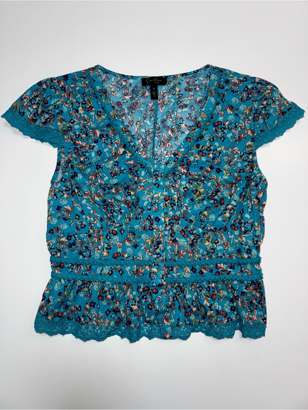 Jessica Simpson Teal Floral V-Neck Lace-Trim Blouse, M